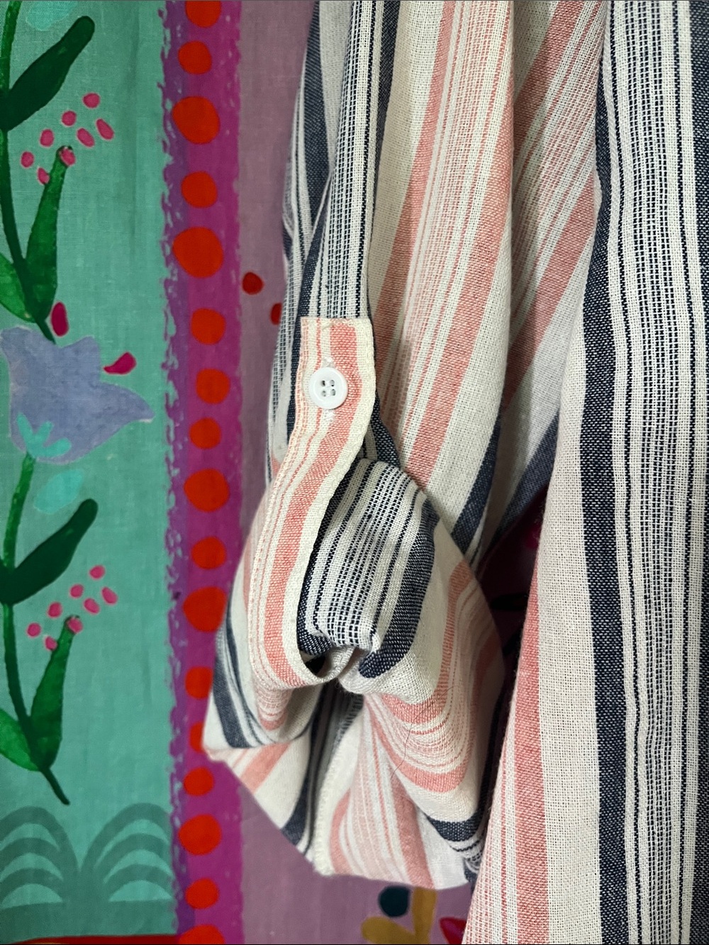 ANDREE BY UNIT Boho Pink/Navy Striped Embroidered Cotton Tie FrontTunic Size S - Picture 7 of 13